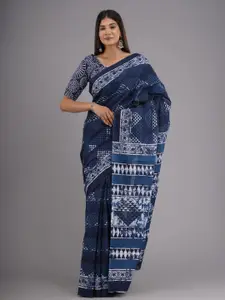 KIAARON Tie and Dye Pure Cotton Block Print Saree