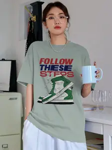 CHKOKKO Typography Printed Round Neck Drop-Shoulder Sleeves Oversized T-shirt