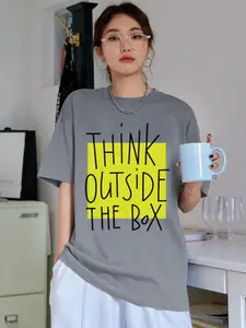 CHKOKKO Typography Printed Round Neck Drop-Shoulder Sleeves Oversized T-shirt