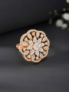Peora Rose Gold-Plated Cubic Zirconia Studded Adjustable Finger Ring
