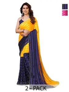 ANAND SAREES Selection Of 2 Striped Beads and Stones Satin Sarees