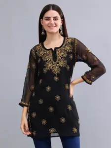 Seva Chikan Ethnic Motifs Embroidered Notch Neck Chikankari Straight Kurti With Slip