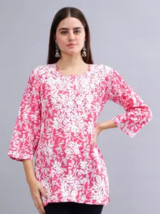 Seva Chikan Ethnic Motifs Embroidered Notch Neck Straight Lucknowi Chikankari Kurti