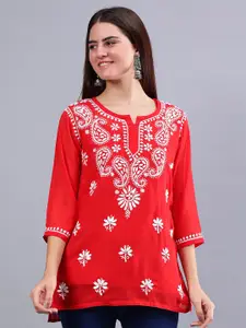 Seva Chikan Ethnic Motifs Embroidered Notch Neck Straight Lucknowi Chikankari Kurti