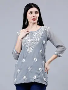 Seva Chikan Ethnic Motifs Embroidered Chikankari Straight Kurti With Slip