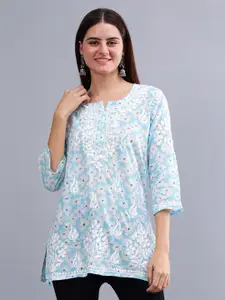 Seva Chikan Ethnic Motifs Embroidered Notch Neck Straight Lucknowi Chikankari Kurti