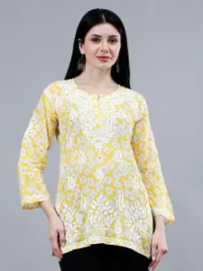 Seva Chikan Floral Printed Thread Work Cotton Straight Kurti