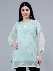Seva Chikan Ethnic Motifs Embroidered Notch Neck Straight Lucknowi Chikankari Kurti