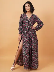 Kotty Floral Printed V-Neck Long Sleeves Maxi Dress