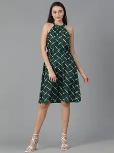 Kotty Geometric Printed High Neck Sleeveless A-Line Dress