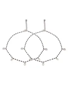 Zavya Rhodium-Plated  925 Pure Silver Stones Studded & Beaded Anklet