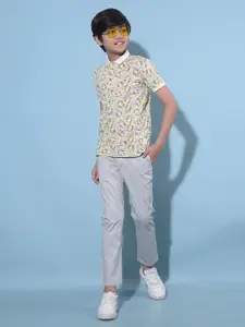 Crimsoune Club Boys Floral Printed  Polo Collar Slim Fit Cotton T-shirt