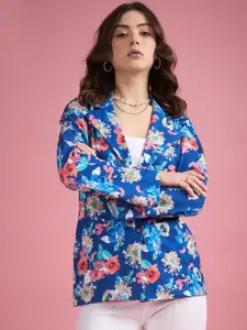 DressBerry Blue Floral Printed Single-Breasted Casual Blazer