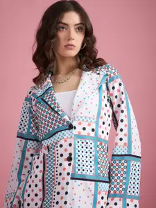 DressBerry Turquoise Blue Geometric Printed Notched Lapel Collar Single Breasted Blazer