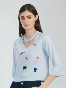 Moda Elementi Printed V-Neck Short Sleeves Casual Top
