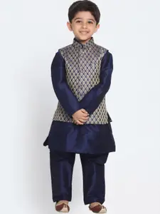 VASTRAMAY Boys Mandarin Collar Jacquard Straight Kurta With Pyjama & Nehru jacket