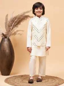VASTRAMAY Boys Regular Mirror Work Kurta With Pyjamas & Jacket