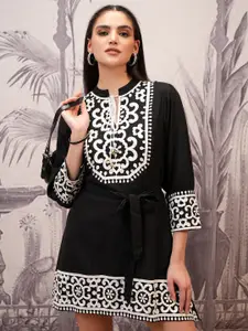 Vishudh Animal Print Mandarin Collar Cotton Blouson Dress