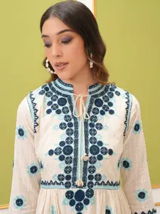 Vishudh Floral Print Mandarin Collar Cotton Fit & Flare Dress