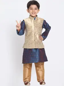VASTRAMAY Boys Geometric Woven Design Jacquard Straight Kurta With Pyjama & Nehru jacket