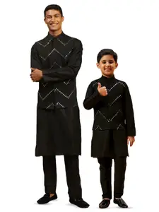 VASTRAMAY Mandarin Collar Long Sleeves Mirror Work Straight Kurta And Pyjamas With Jacket