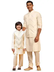 VASTRAMAY Mandarin Collar Jacquard Straight Kurta With Churidar & Mirror Work Nehru jacket