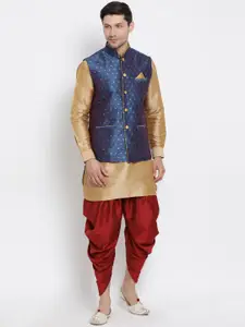VASTRAMAY Mandarin Collar Jacquard Pathani Kurta With Dhoti  & Nehru jacket