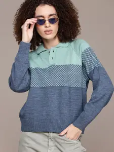 The Roadster Lifestyle Co. Pure Acrylic Self-Design Colourblocked Pullover