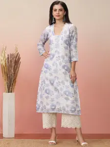 Varanga White Floral Printed Gotta Patti Cotton Straight Kurta