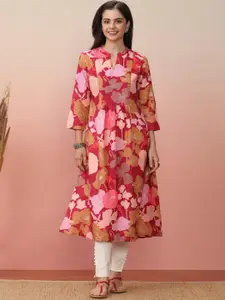 Varanga Burgundy Floral Printed Pleated A-Line Kurta