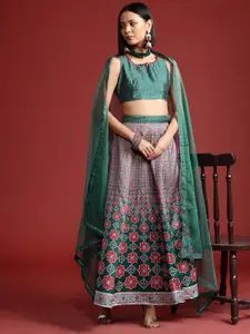 all about you Printed Mirror Work Ready to Wear Lehenga & Blouse With Dupatta