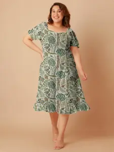 Zink Curve Ethnic Motifs Print A-Line Midi Plus Size Dress