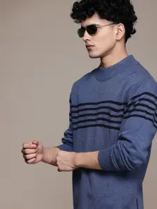 Roadster Men Perkins Neck Striped Acrylic Sweater