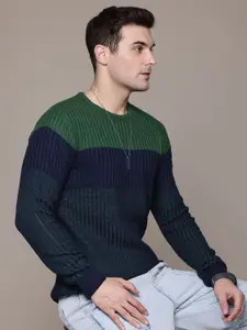 The Roadster Lifestyle Co. Striped & Ribbed Pure Acrylic Pullover