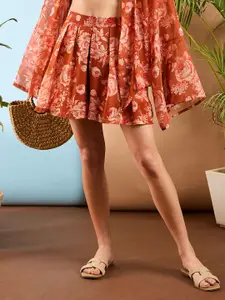 SASSAFRAS Women Rust Floral Printed Loose Fit High-Rise Pleated Shorts