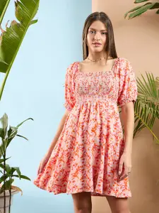 SASSAFRAS Floral Printed Smocked Fit & Flare Dress