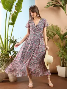 SASSAFRAS Floral Printed V Neck Wrap Midi Dress