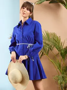 SASSAFRAS Puff Sleeves Belted Cotton Shirt Dress