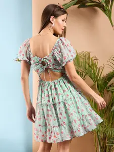 SASSAFRAS Floral Printed Puff Sleeve Fit & Flare Dress