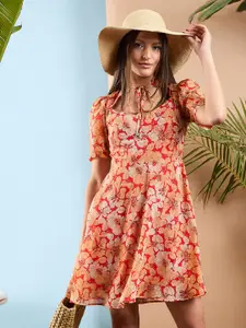 SASSAFRAS Floral Printed Rhombus Neck A Line Dress