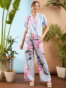 SASSAFRAS Blue Floral Printed Shawl Collar Top With Trousers