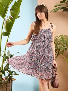 SASSAFRAS Floral Printed Shoulder Strap Ruffled Fit & Flare Dress