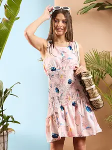 SASSAFRAS Floral Printed Smocked Sleeveless Fit & Flare Dress