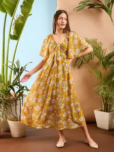 SASSAFRAS Floral Printed Flared Sleeve Front Tie Up Fit & Flare Midi Dress