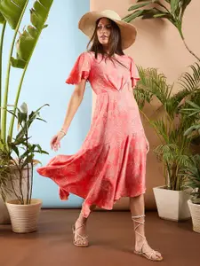 SASSAFRAS Floral Print Flared Sleeve Asymmetric Fit & Flare Maxi Dress
