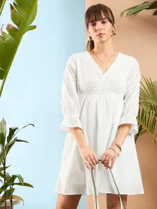 SASSAFRAS Self Design V Neck Bell Sleeves Pure Cotton Empire Dress