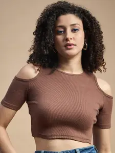 The Roadster Lifestyle Co. Ribbed Cold Shoulder Sleeves Fitted Crop Top