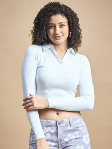 The Roadster Lifestyle Co. Ribbed Shirt Collar Fitted Crop Top