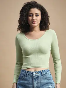 The Roadster Life style Co Green Round Neck Long Sleeved Cropped Tank Casual Top