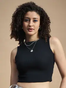 The Roadster Life style Co Black Round Neck Sleeveless Cropped Tank Casual Top